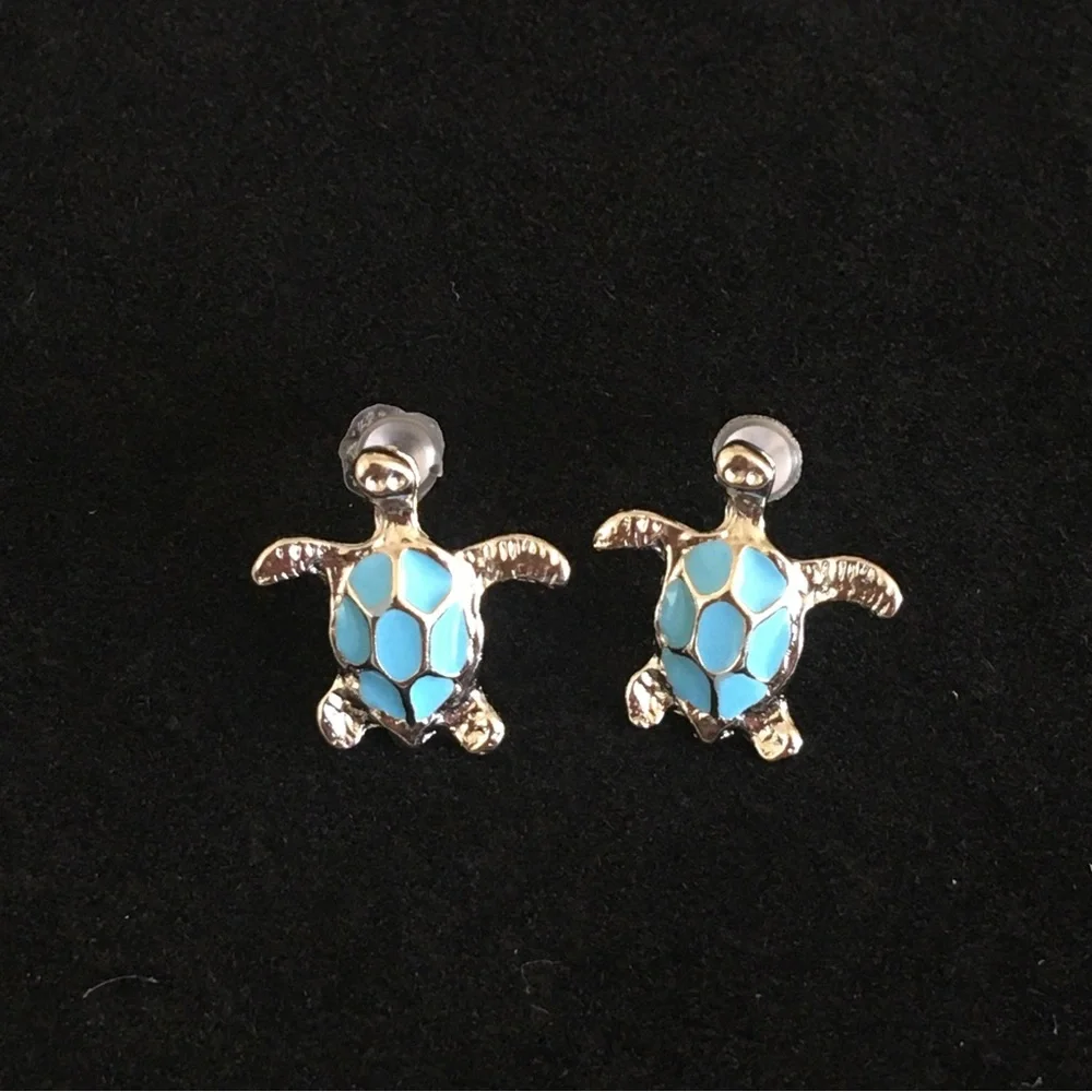 Blue and Silver Turtle Stud Earrings